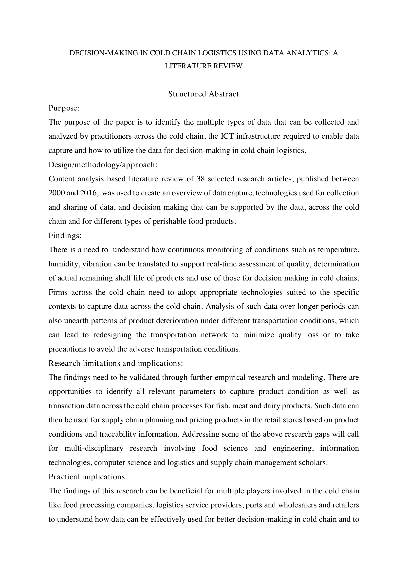 Decision-making in cold chain logistics using data analytics: a literatur