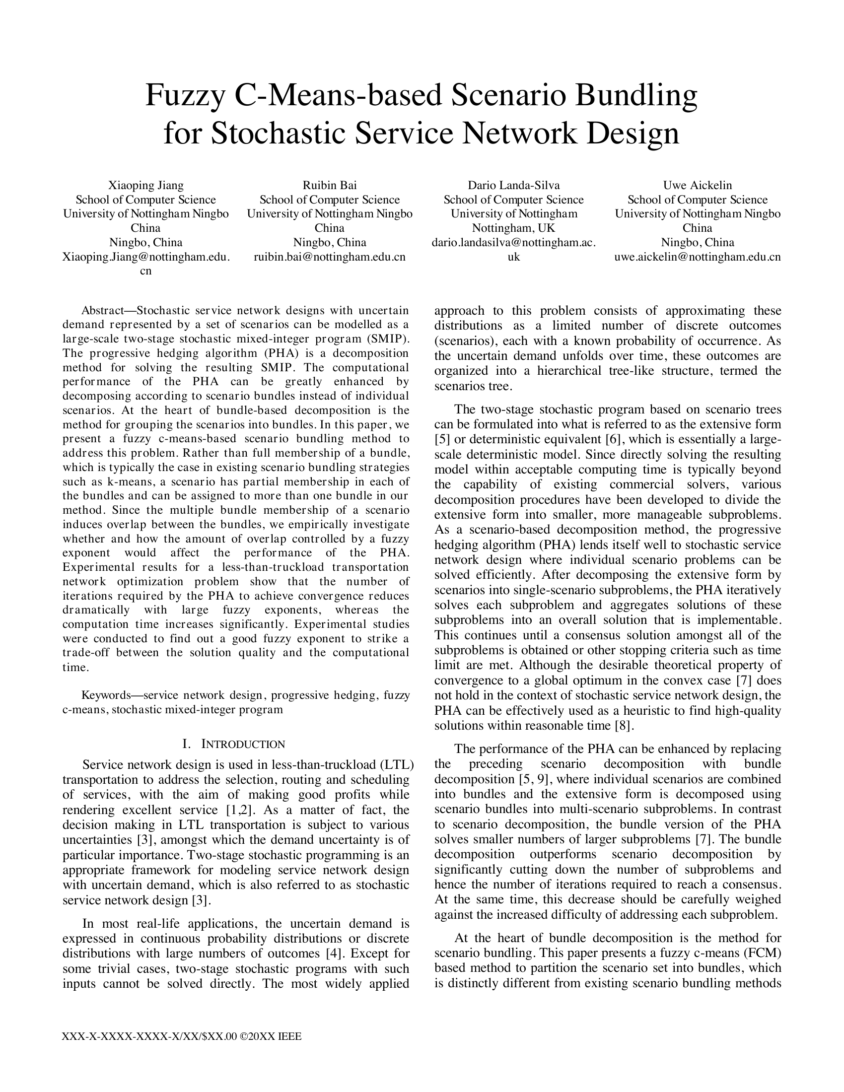 Fuzzy C-means-based scenario bundling for stochastic service network design