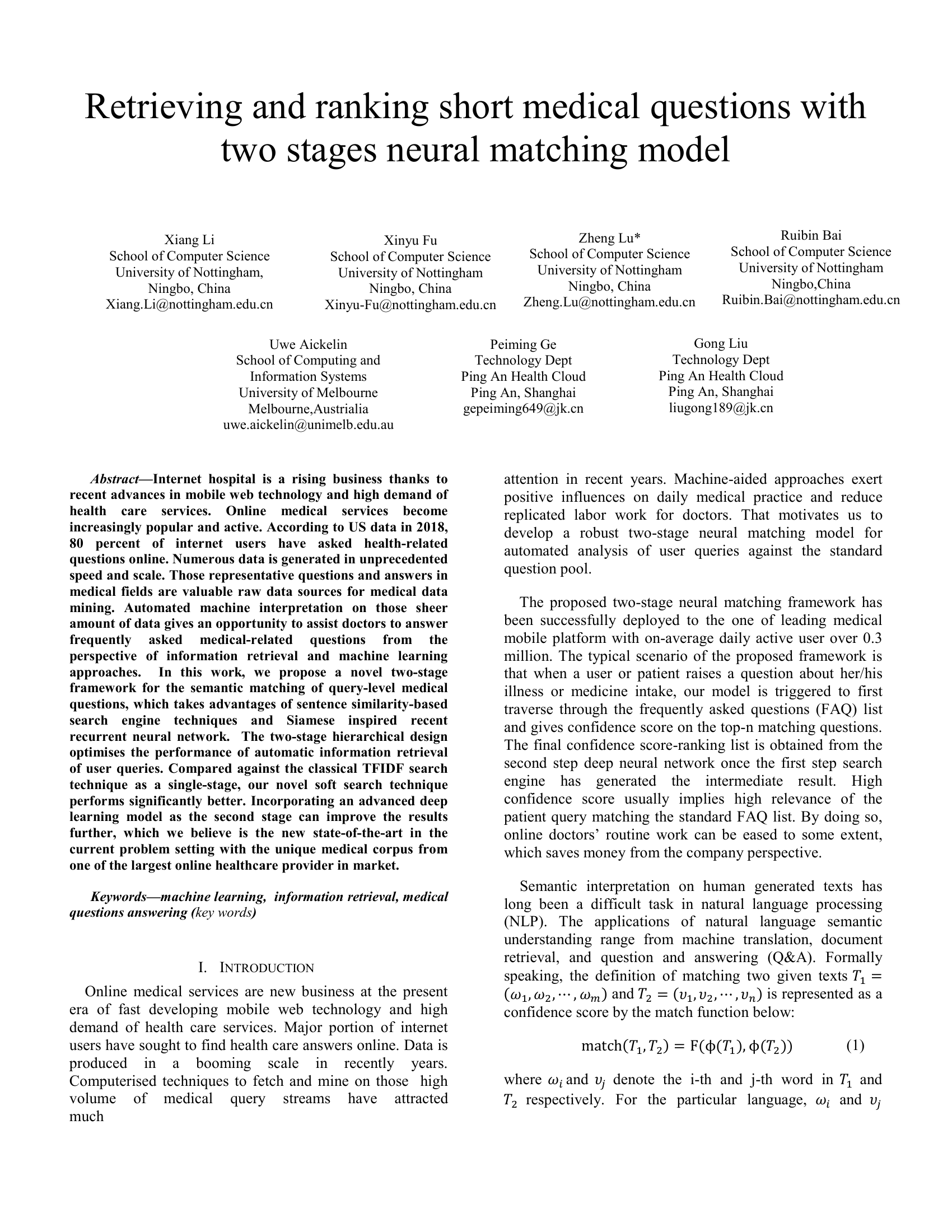 Retrieving and ranking short medical questions with two stages neural matching