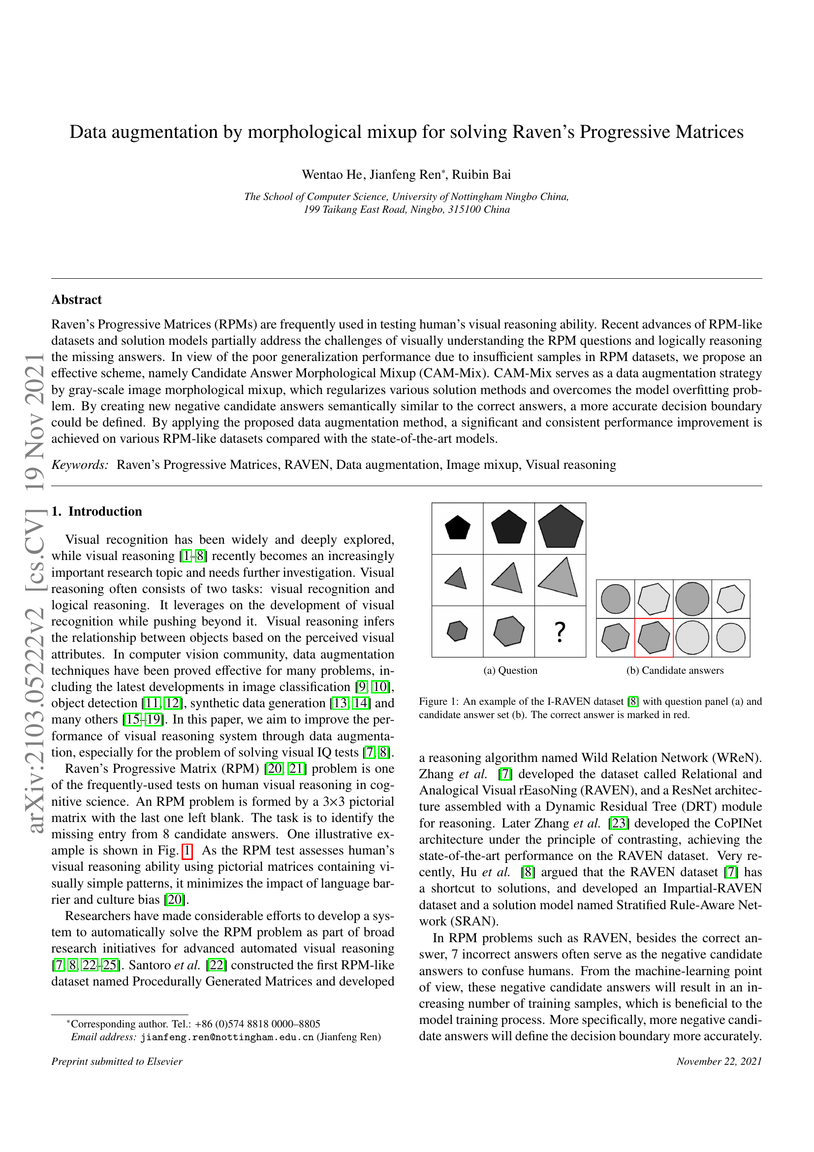 Data augmentation by morphological mixup for solving Raven's Progressive Matrices
