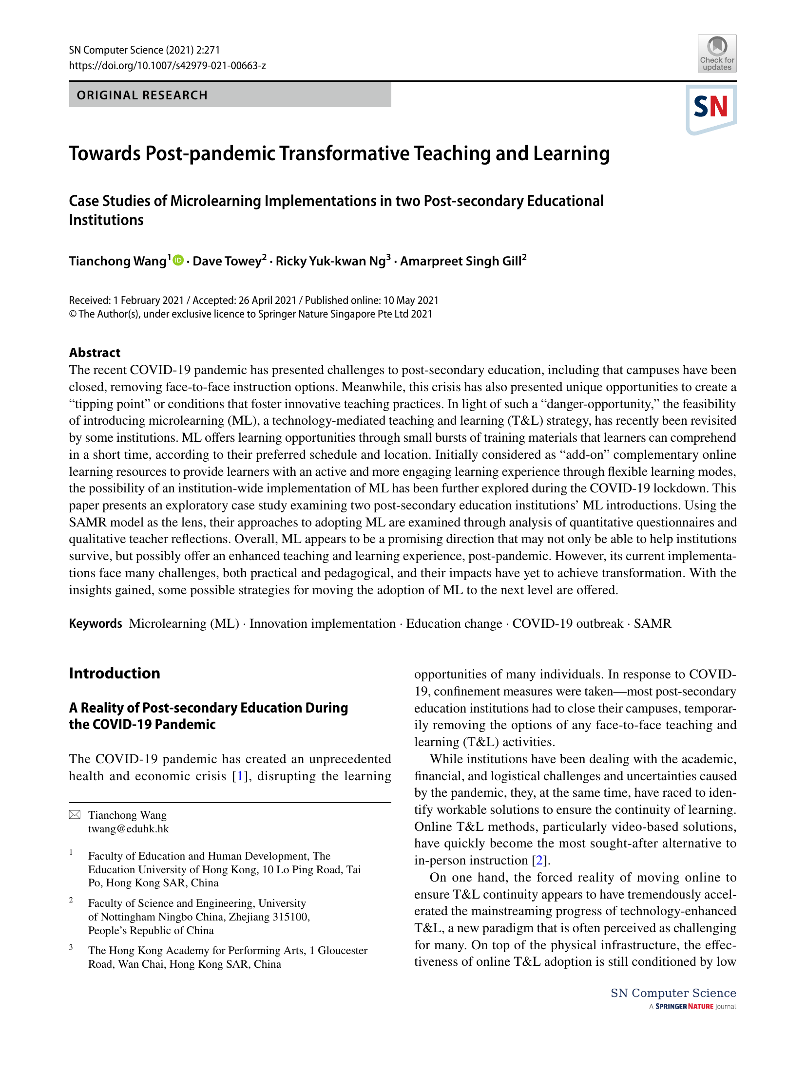 Towards Post-pandemic Transformative Teaching and Learning