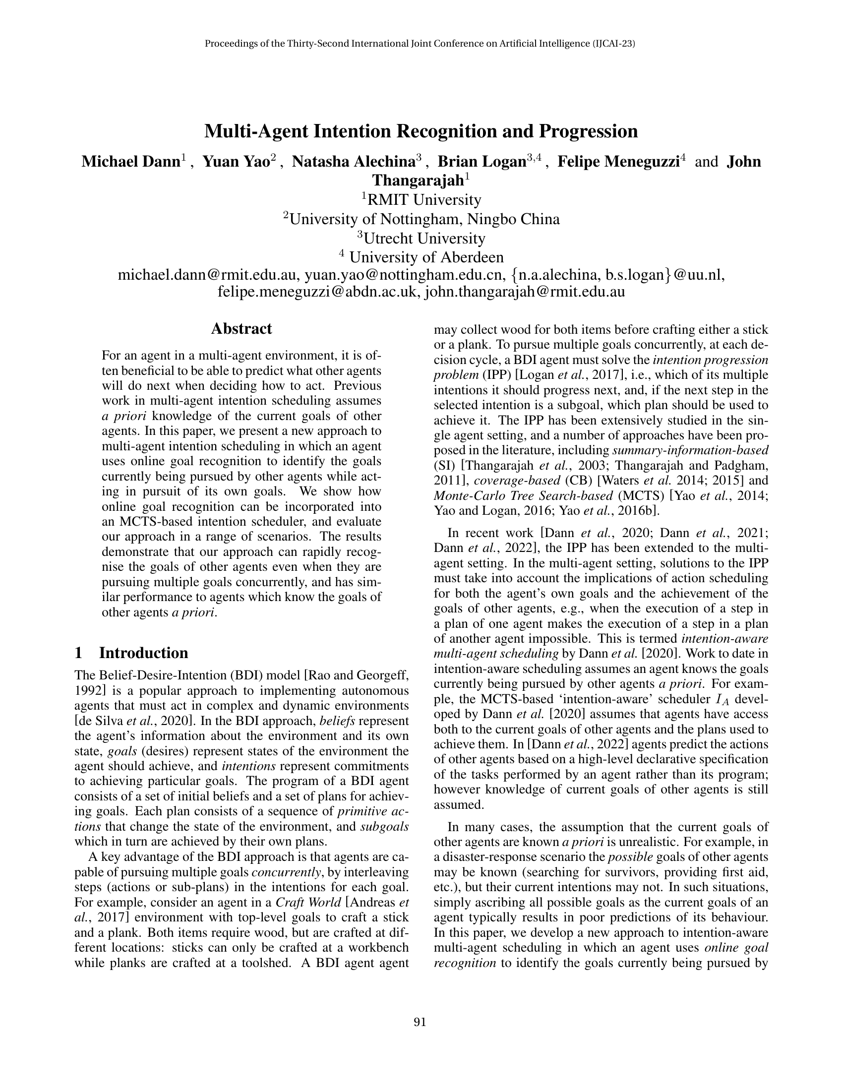 Multi-Agent Intention Recognition and Progression